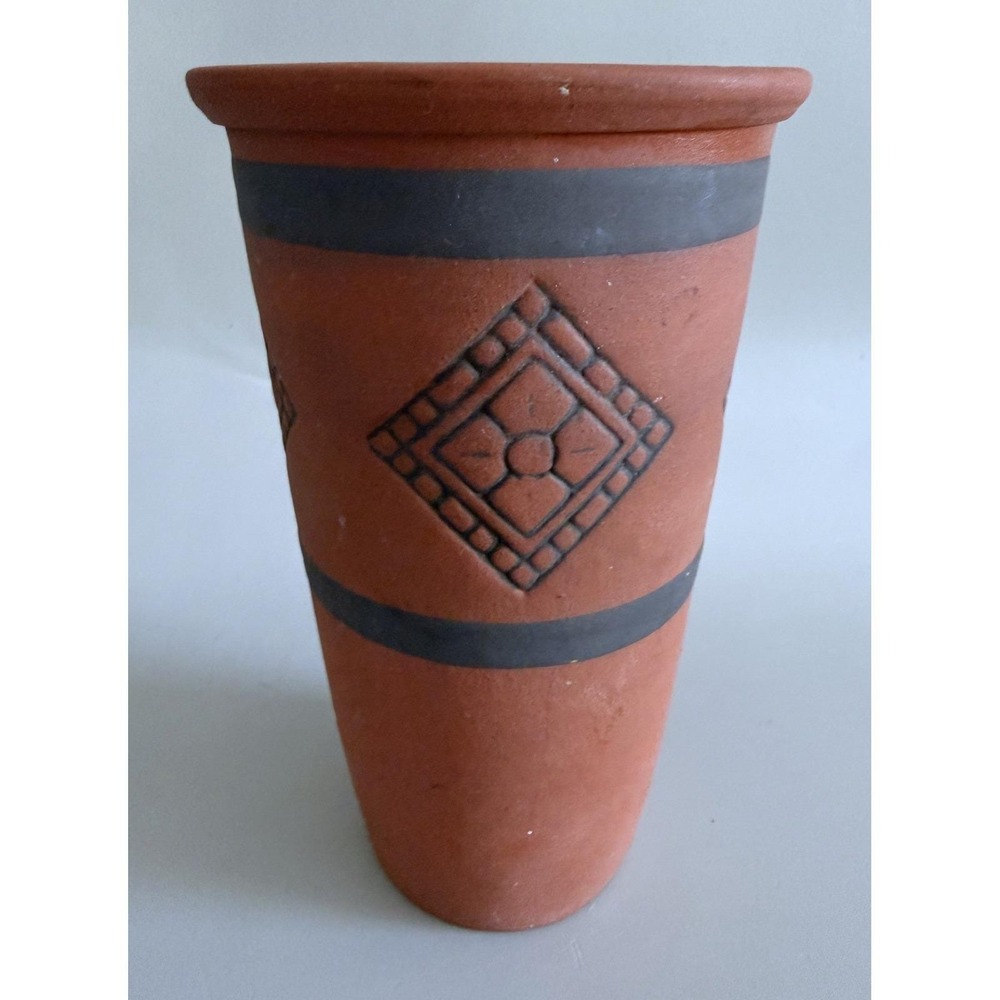 Vtg Portuguese Terracotta Vase • Hand‑Decorated 7" Folk Pottery • Glazed Inside